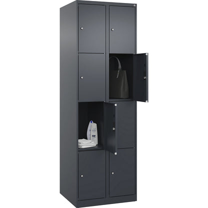 Evolo PLUS 4-fold compartment locker, 2 compartments, grey, W 600 mm, 8 compartments, with floor glides, cylinder lock.