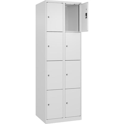 Evolo PLUS 4-fold compartment locker, 2 compartments, white, W 600 mm, 8 compartments, with floor glides, cylinder lock.