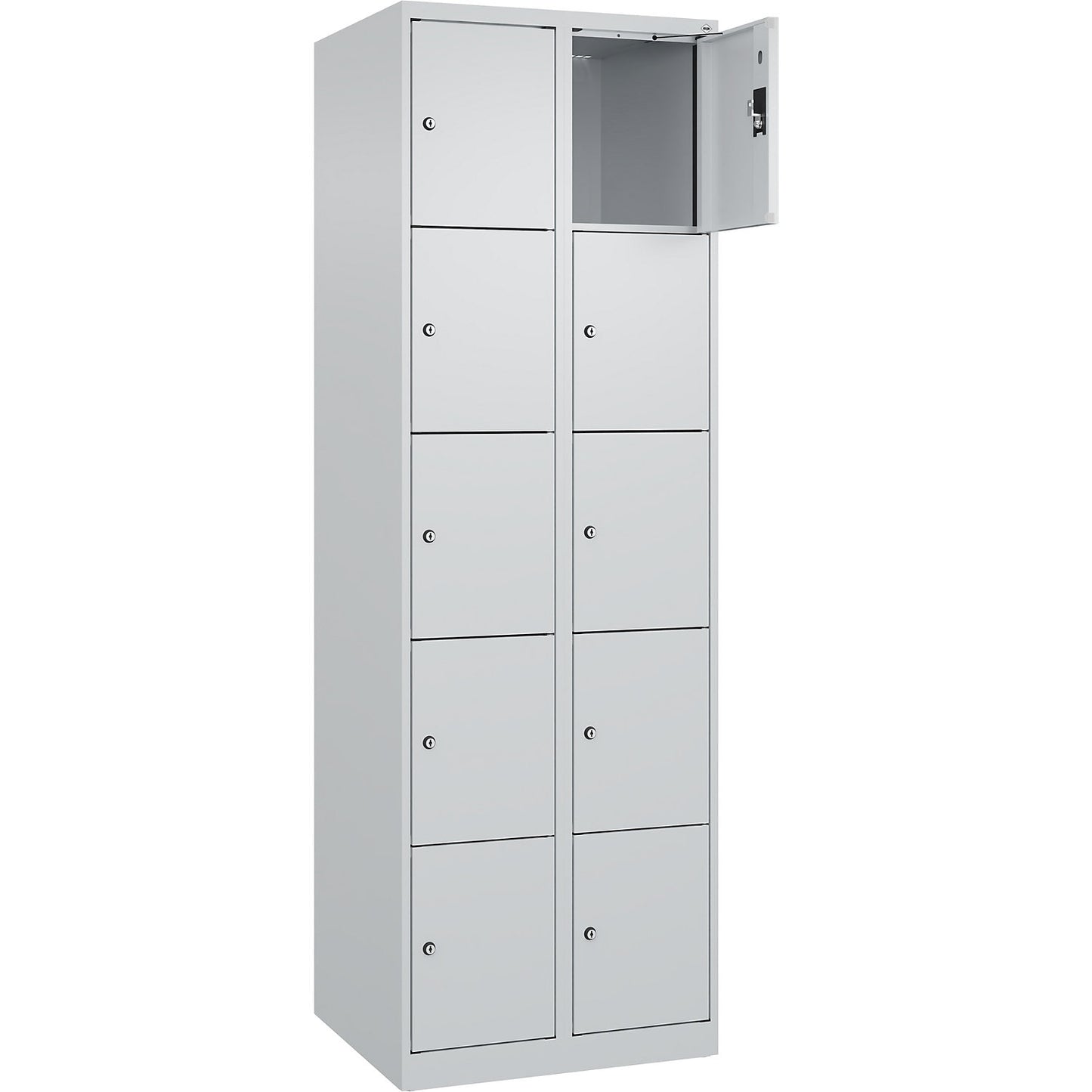 Evolo PLUS 5-fold compartment locker, 2 compartments, light grey, W 600 mm, 10 compartments, with floor glides, cylinder lock.