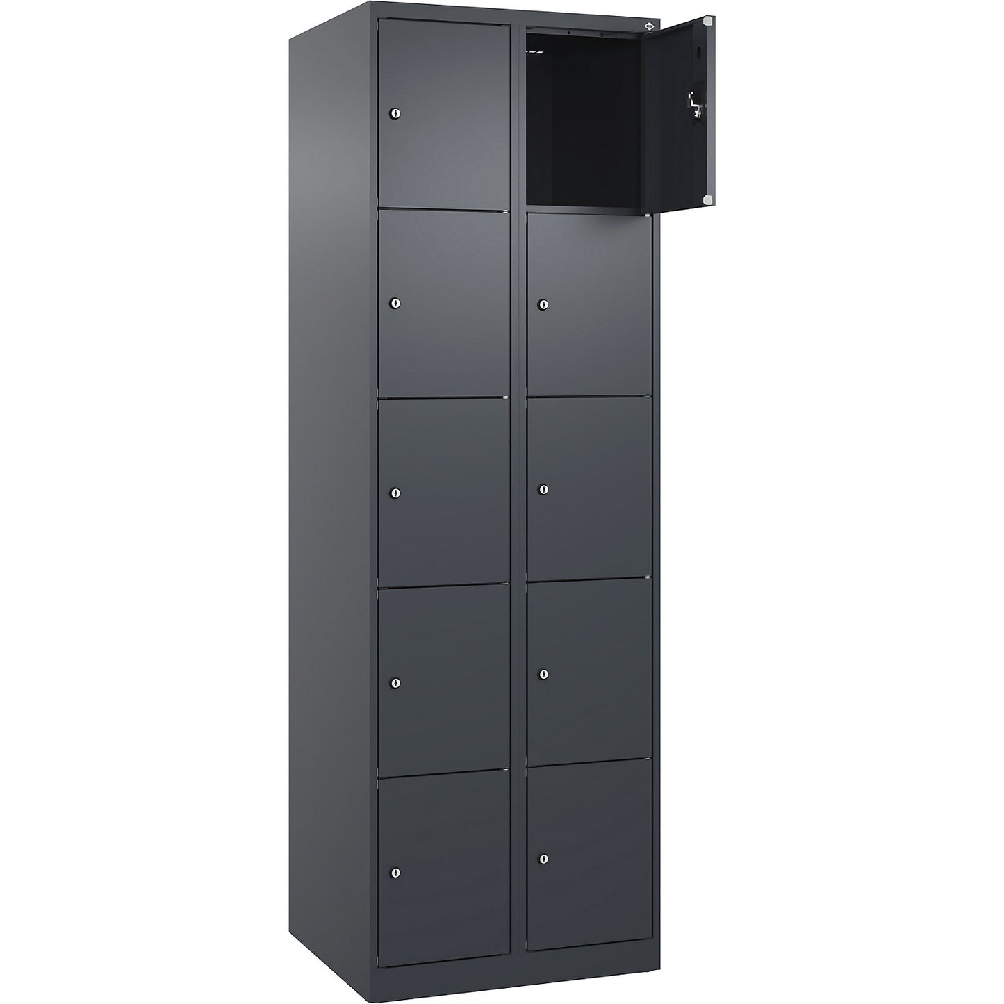 Evolo PLUS 5-fold compartment locker, 2 compartments, grey, W 600 mm, 10 compartments, with floor glides, cylinder lock.