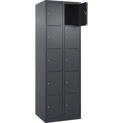 Evolo PLUS 5-fold compartment locker, 2 compartments, grey, W 600 mm, 10 compartments, with floor glides, cylinder lock.
