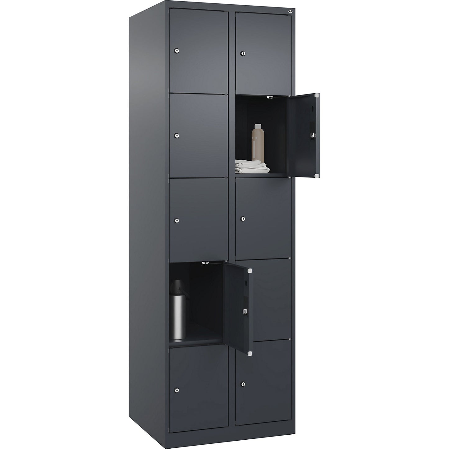 Evolo PLUS 5-fold compartment locker, 2 compartments, grey, W 600 mm, 10 compartments, with floor glides, cylinder lock.