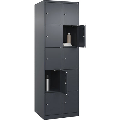 Evolo PLUS 5-fold compartment locker, 2 compartments, grey, W 600 mm, 10 compartments, with floor glides, cylinder lock.