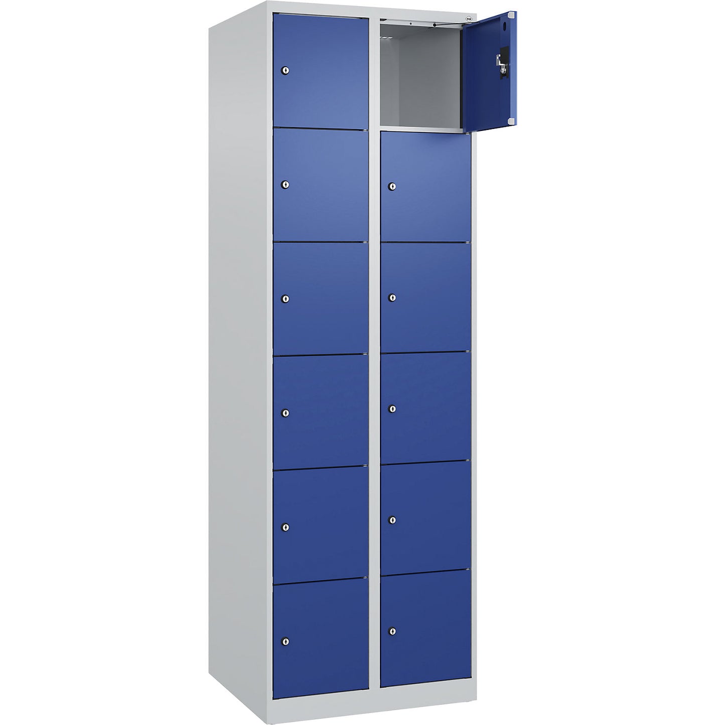 Evolo PLUS 6-fold compartment locker, 2 compartments, light grey / gentian blue, W 600 mm, 12 compartments, with floor glides, cylinder lock.
