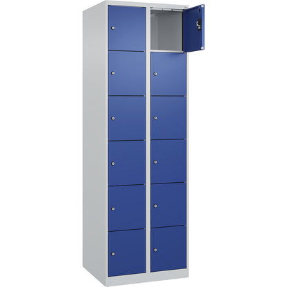 Evolo PLUS 6-fold compartment locker, 2 compartments, light grey / gentian blue, W 600 mm, 12 compartments, with floor glides, cylinder lock.