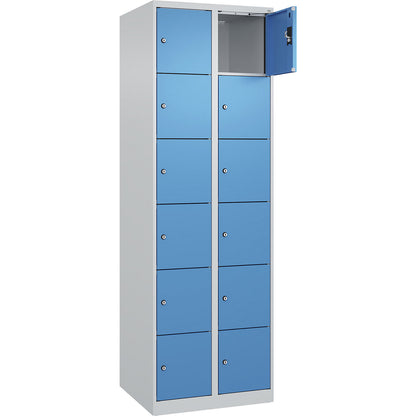 Evolo PLUS 6-fold compartment locker, 2 compartments, light grey / light blue, W 600 mm, 12 compartments, with floor glides, cylinder lock.