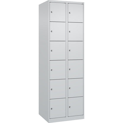 Evolo PLUS 6-fold compartment locker, 2 compartments, light grey, W 600 mm, 12 compartments, with floor glides, cylinder lock.