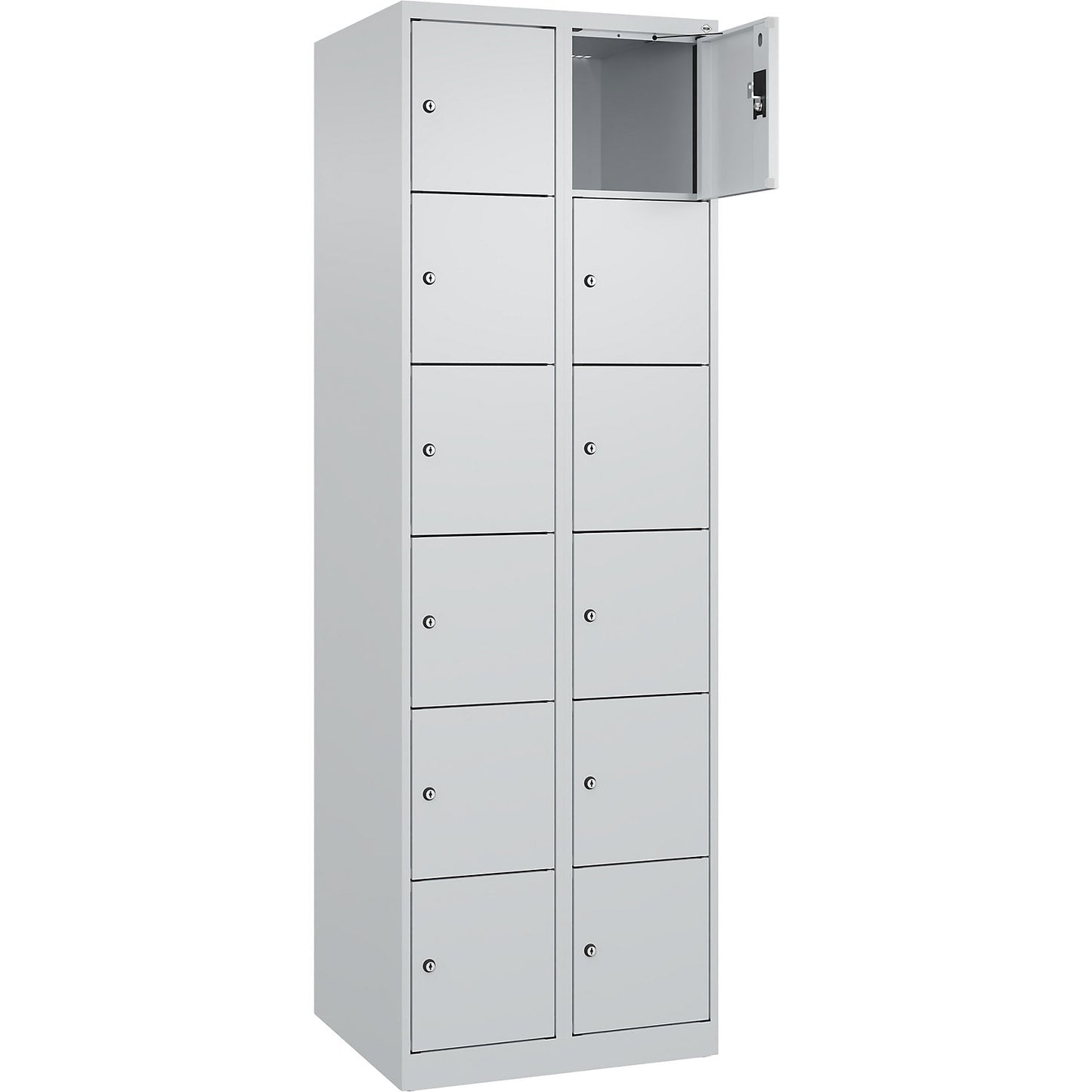 Evolo PLUS 6-fold compartment locker, 2 compartments, light grey, W 600 mm, 12 compartments, with floor glides, cylinder lock.