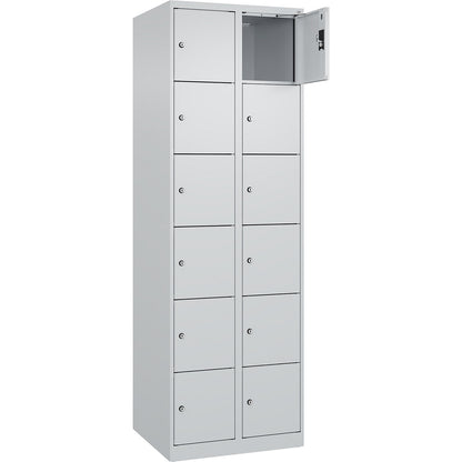 Evolo PLUS 6-fold compartment locker, 2 compartments, light grey, W 600 mm, 12 compartments, with floor glides, cylinder lock.