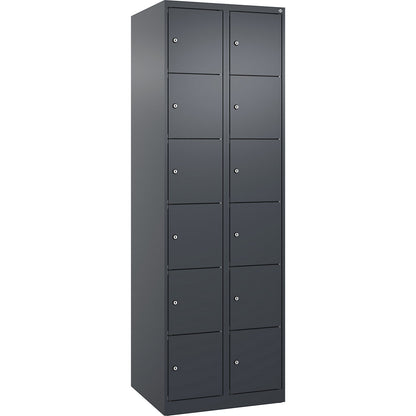 Evolo PLUS 6-fold compartment locker, 2 compartments, grey, W 600 mm, 12 compartments, with floor glides, cylinder lock.