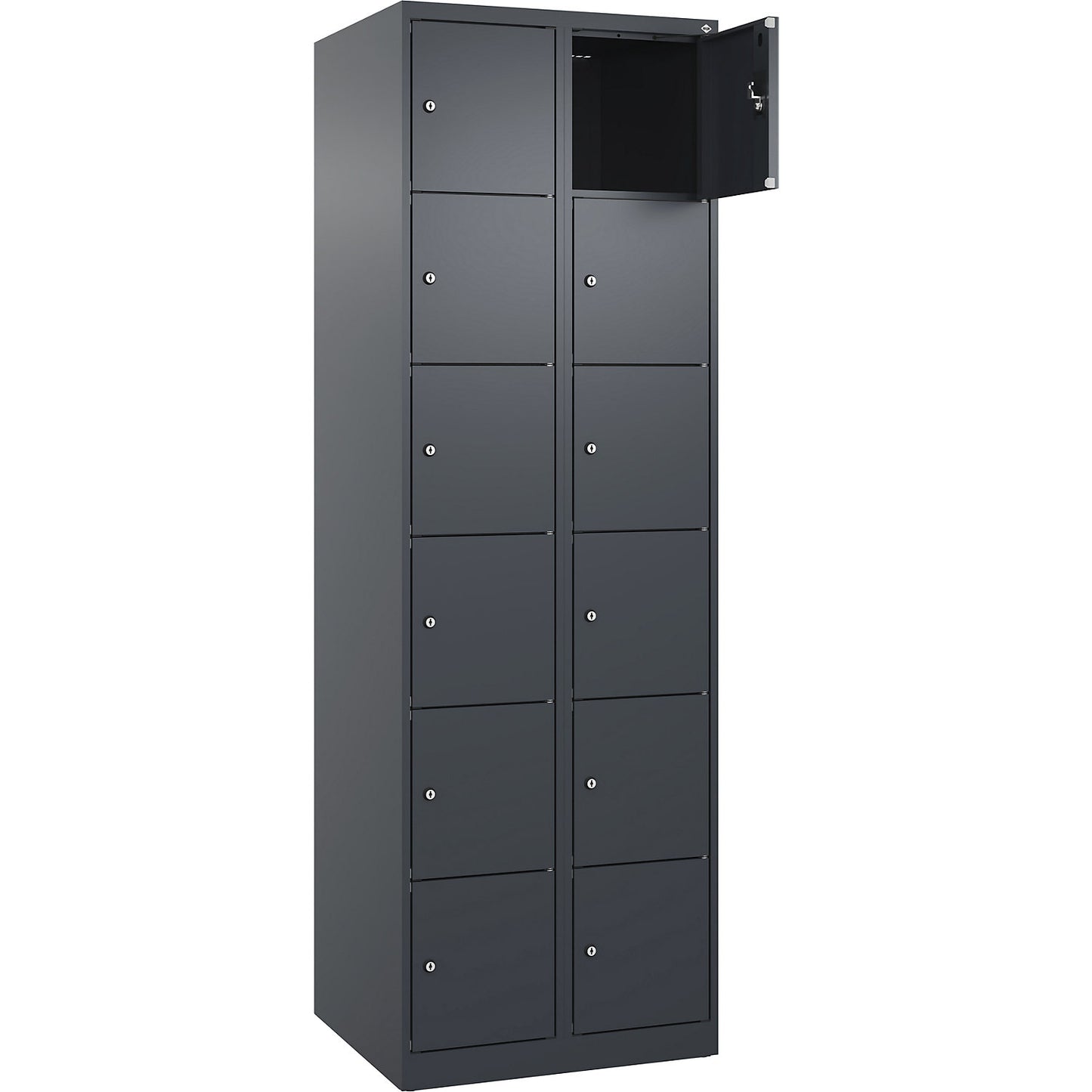 Evolo PLUS 6-fold compartment locker, 2 compartments, grey, W 600 mm, 12 compartments, with floor glides, cylinder lock.