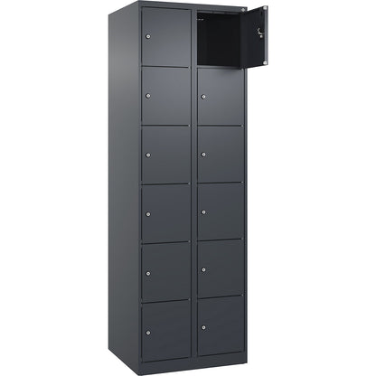 Evolo PLUS 6-fold compartment locker, 2 compartments, grey, W 600 mm, 12 compartments, with floor glides, cylinder lock.