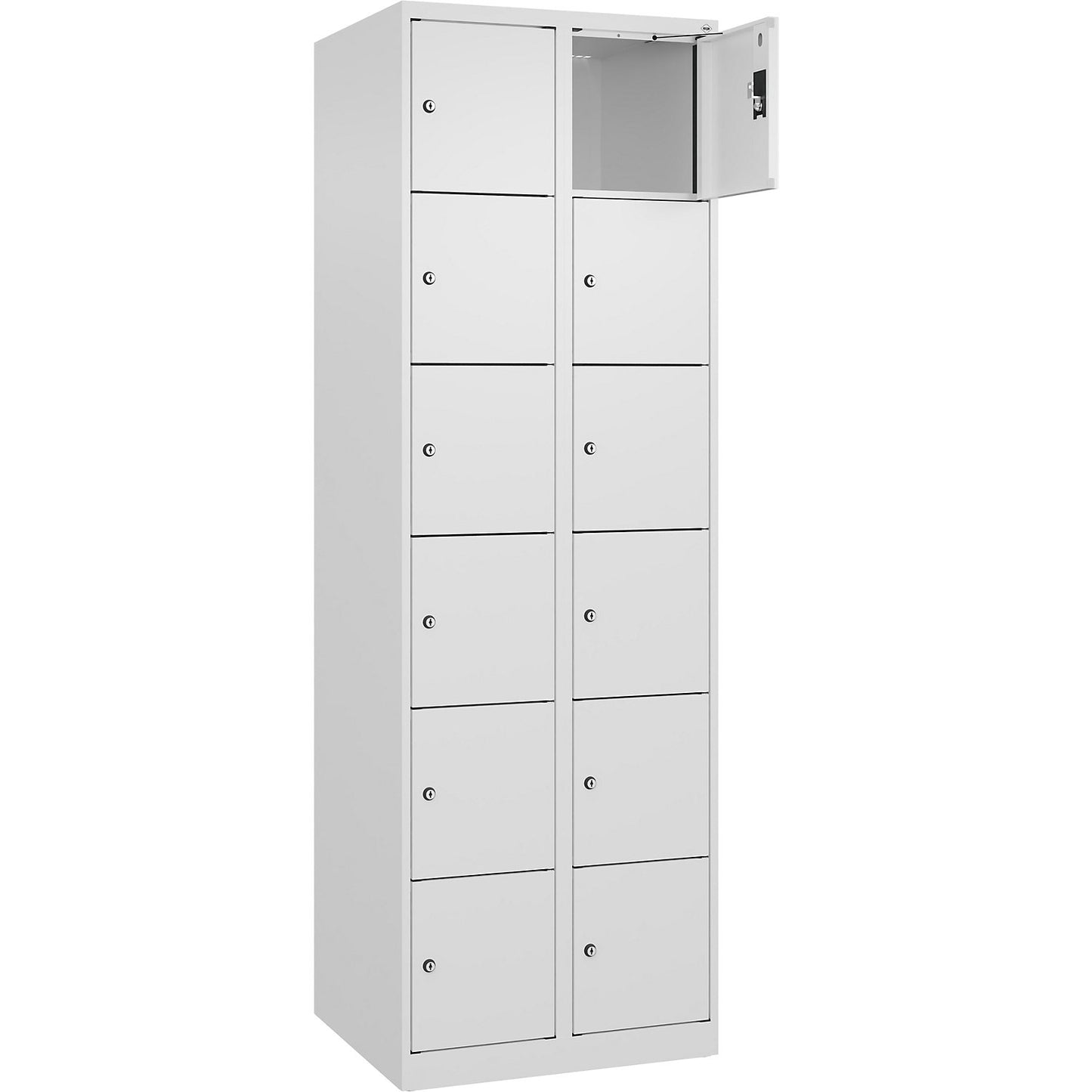 Evolo PLUS 6-fold compartment locker, 2 compartments, white, W 600 mm, 12 compartments, with floor glides, cylinder lock.