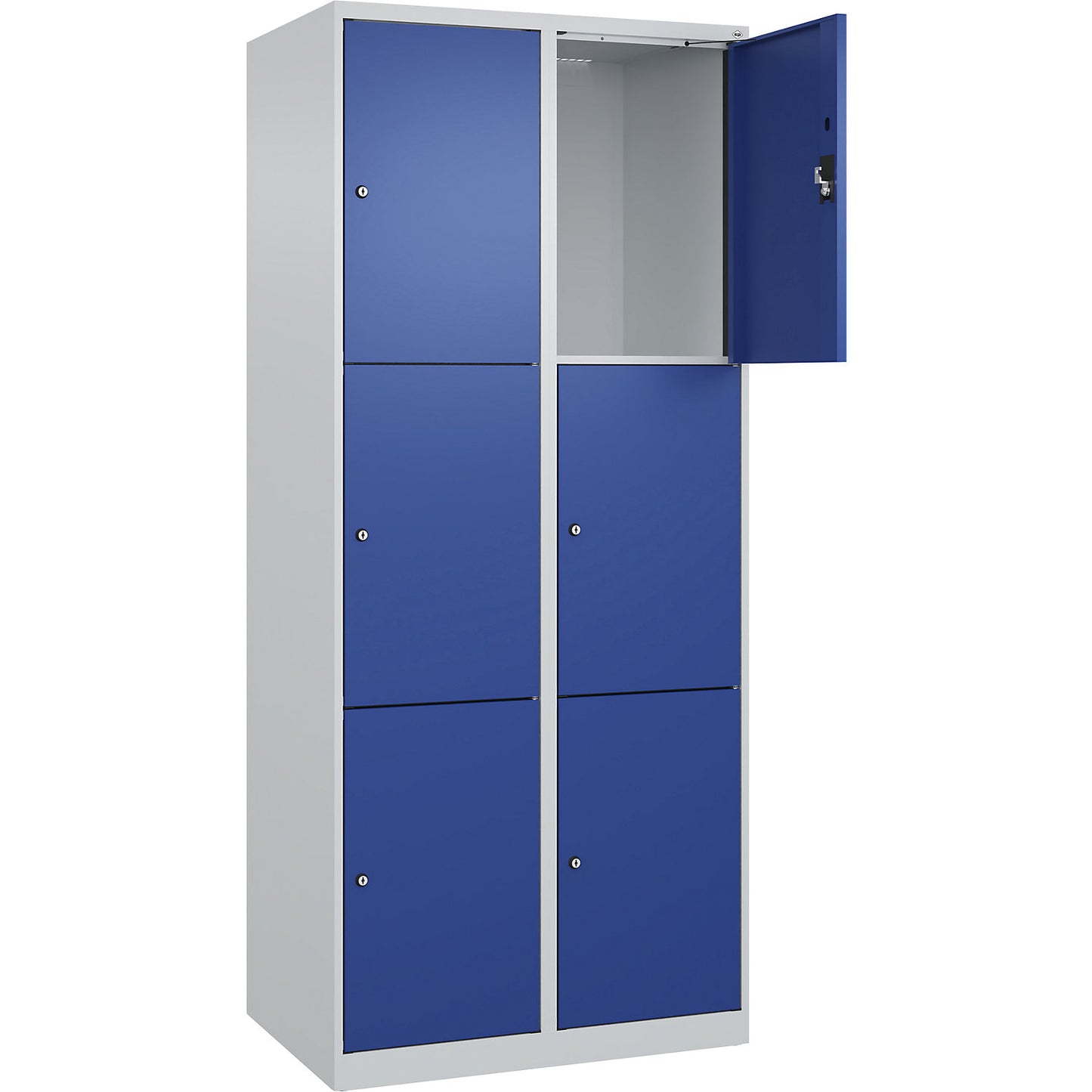 Evolo PLUS 3-fold compartment locker, 2 compartments, light grey / gentian blue, W 800 mm, 6 compartments, with floor glides, cylinder lock.