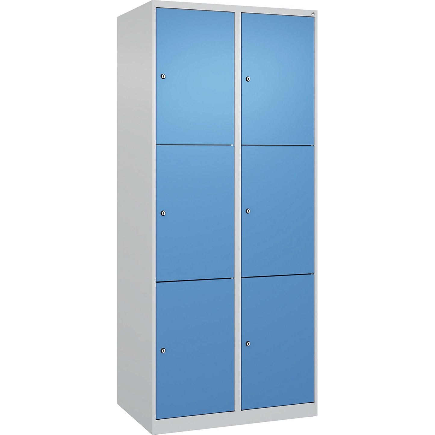 Evolo PLUS 3-fold compartment locker, 2 compartments, light grey / light blue, W 800 mm, 6 compartments, with floor glides, cylinder lock.