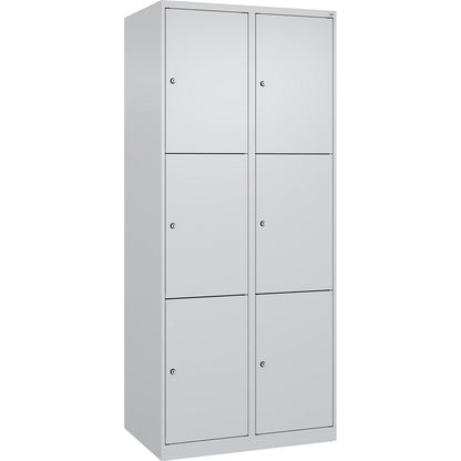 Evolo PLUS 3-fold compartment locker, 2 compartments, light grey, W 800 mm, 6 compartments, with floor glides, cylinder lock.