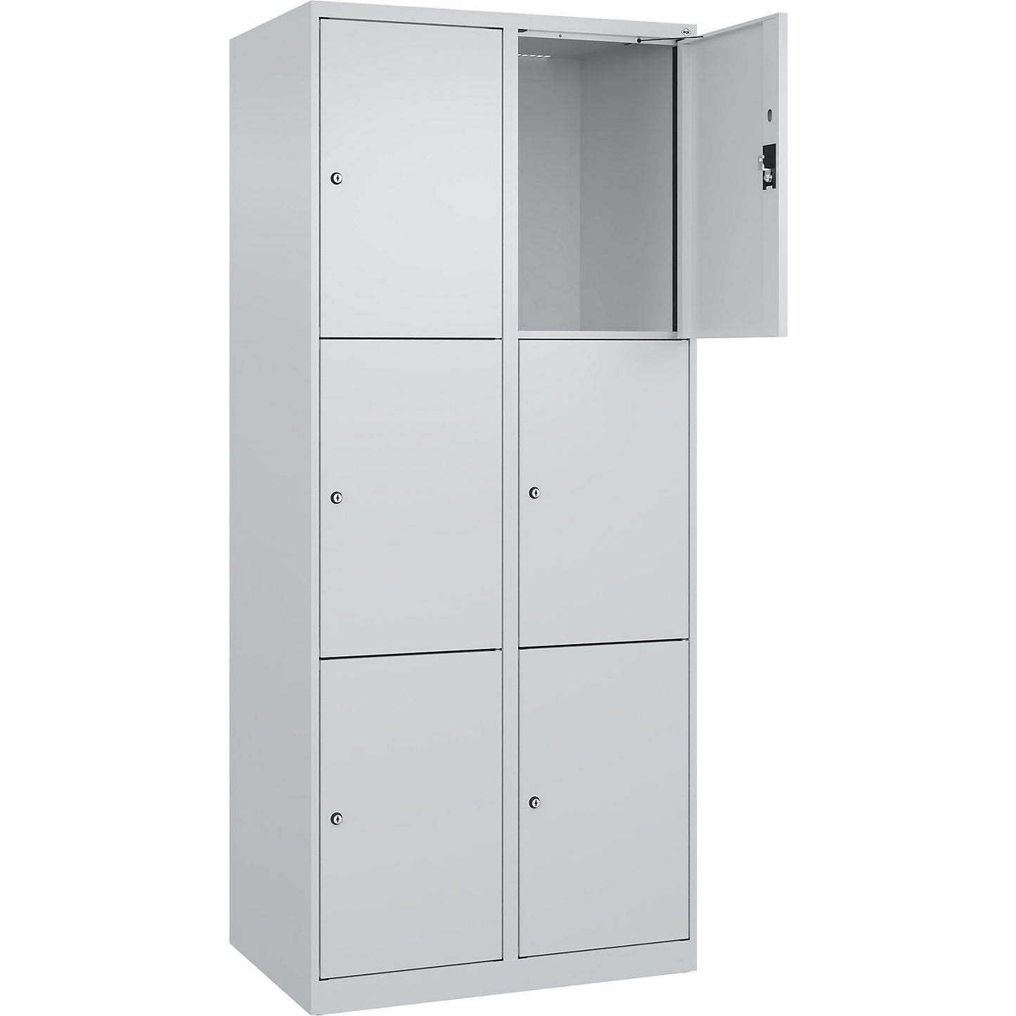 Evolo PLUS 3-fold compartment locker, 2 compartments, light grey, W 800 mm, 6 compartments, with floor glides, cylinder lock.