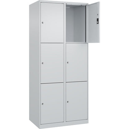 Evolo PLUS 3-fold compartment locker, 2 compartments, light grey, W 800 mm, 6 compartments, with floor glides, cylinder lock.