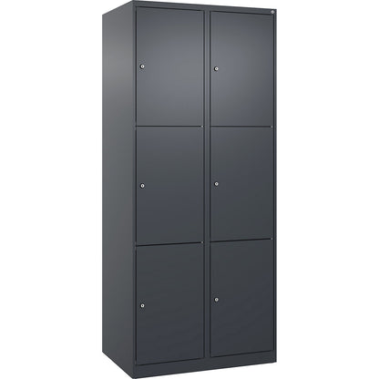Evolo PLUS 3-fold compartment locker, 2 compartments, grey, W 800 mm, 6 compartments, with floor glides, cylinder lock.
