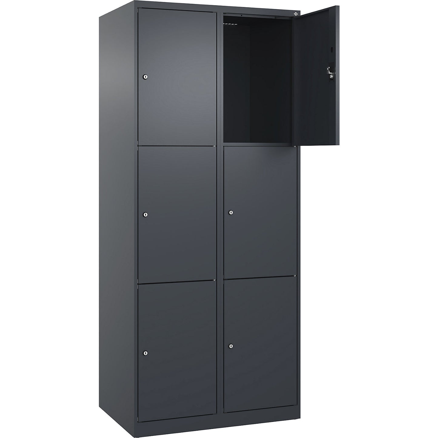 Evolo PLUS 3-fold compartment locker, 2 compartments, grey, W 800 mm, 6 compartments, with floor glides, cylinder lock.