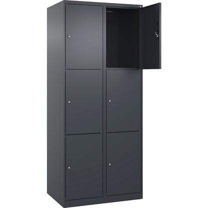 Evolo PLUS 3-fold compartment locker, 2 compartments, grey, W 800 mm, 6 compartments, with floor glides, cylinder lock.