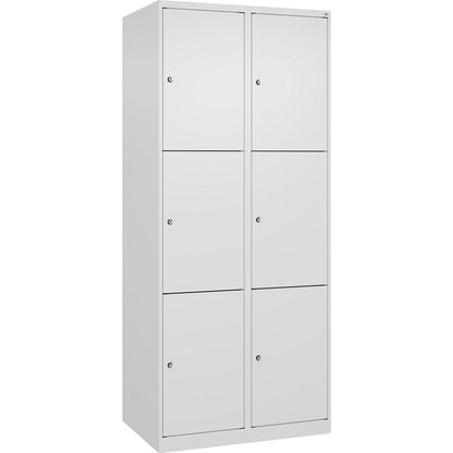 Evolo PLUS 3-fold compartment locker, 2 compartments, white, W 800 mm, 6 compartments, with floor glides, cylinder lock.