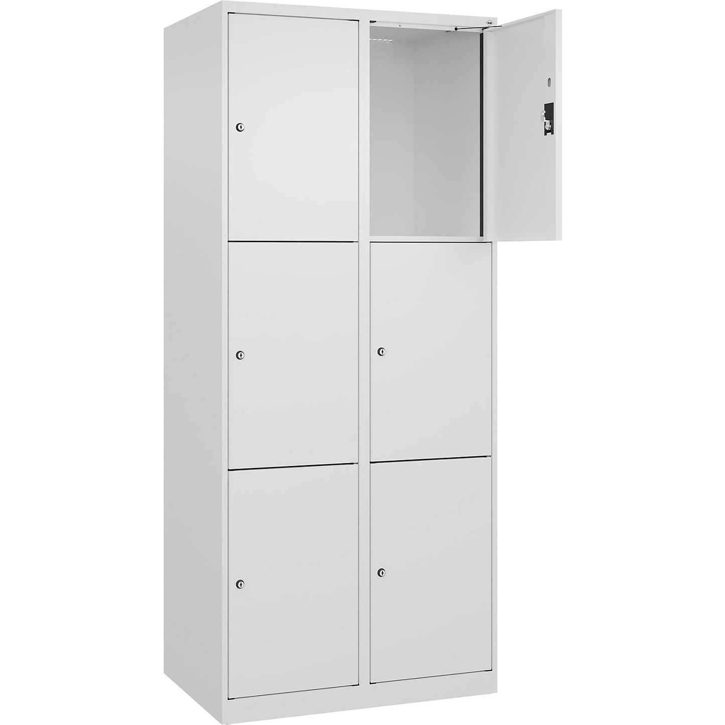 Evolo PLUS 3-fold compartment locker, 2 compartments, white, W 800 mm, 6 compartments, with floor glides, cylinder lock.