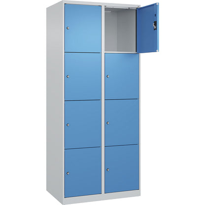 Evolo PLUS 4-fold compartment locker, 2 compartments, light grey / light blue, W 800 mm, 8 compartments, with floor glides, cylinder lock.