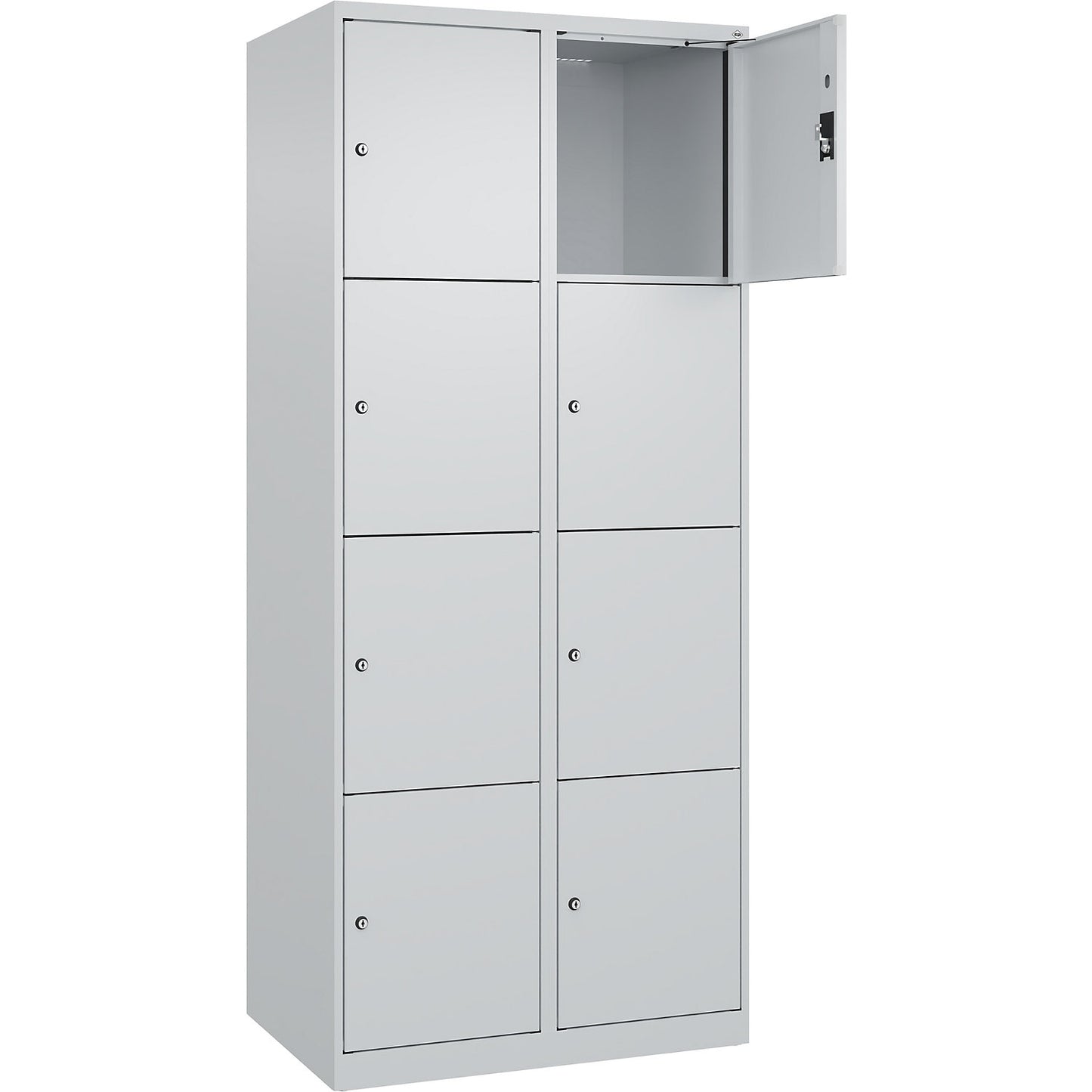 Evolo PLUS 4-fold compartment locker, 2 compartments, light grey, W 800 mm, 8 compartments, with floor glides, cylinder lock.