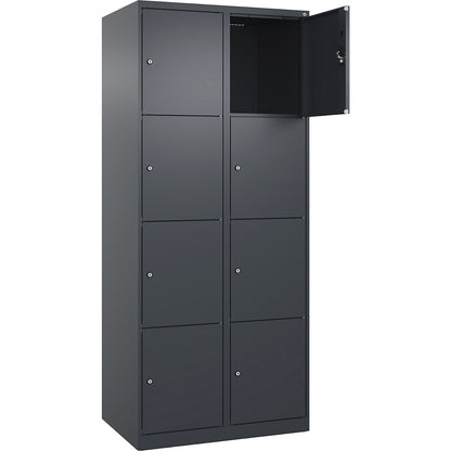 Evolo PLUS 4-fold compartment locker, 2 compartments, grey, W 800 mm, 8 compartments, with floor glides, cylinder lock.