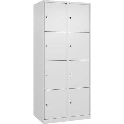 Evolo PLUS 4-fold compartment locker, 2 compartments, white, W 800 mm, 8 compartments, with floor glides, cylinder lock.