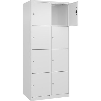 Evolo PLUS 4-fold compartment locker, 2 compartments, white, W 800 mm, 8 compartments, with floor glides, cylinder lock.