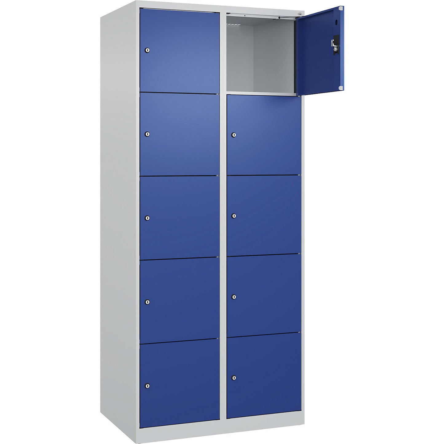 Evolo PLUS 5-fold compartment locker, 2 compartments, light grey / gentian blue, W 800 mm, 10 compartments, with floor glides, cylinder lock.