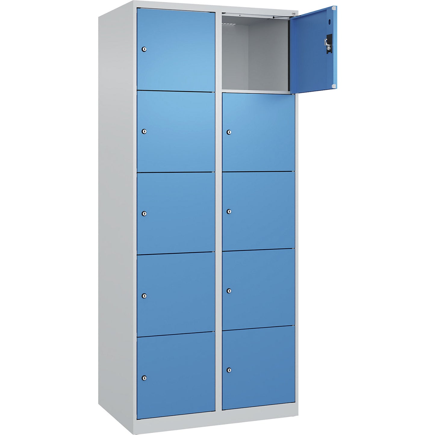 Evolo PLUS 5-fold compartment locker, 2 compartments, light grey / light blue, W 800 mm, 10 compartments, with floor glides, cylinder lock.
