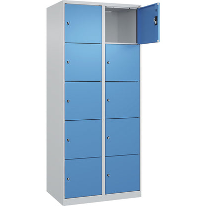 Evolo PLUS 5-fold compartment locker, 2 compartments, light grey / light blue, W 800 mm, 10 compartments, with floor glides, cylinder lock.