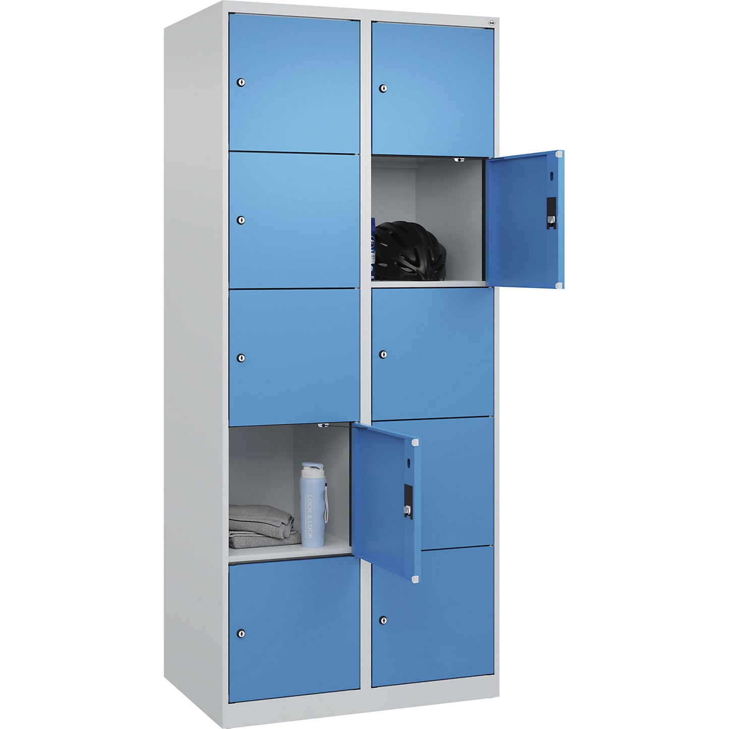 Evolo PLUS 5-fold compartment locker, 2 compartments, light grey / light blue, W 800 mm, 10 compartments, with floor glides, cylinder lock.