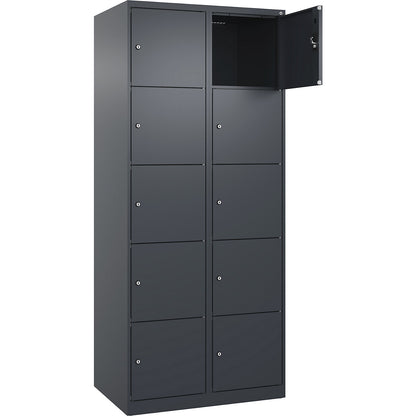 Evolo PLUS 5-fold compartment locker, 2 compartments, grey, W 800 mm, 10 compartments, with floor glides, cylinder lock.