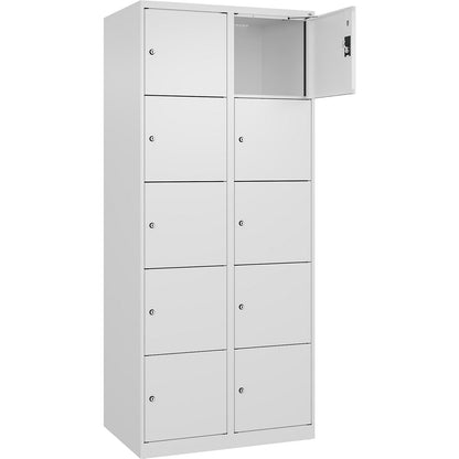 Evolo PLUS 5-fold compartment locker, 2 compartments, white, W 800 mm, 10 compartments, with floor glides, cylinder lock.