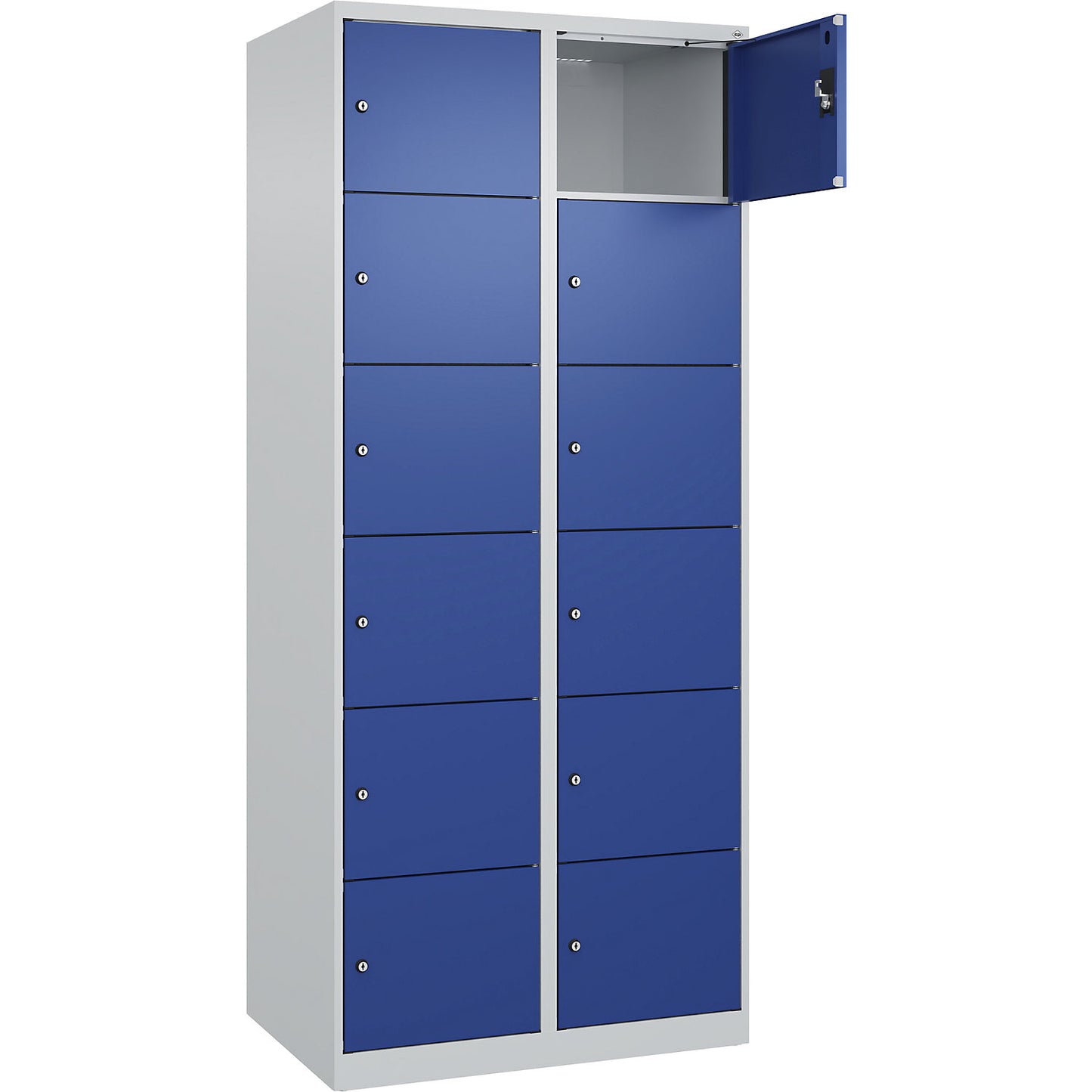 Evolo PLUS 6-fold compartment locker, 2 compartments, light grey / gentian blue, W 800 mm, 12 compartments, with floor glides, cylinder lock.