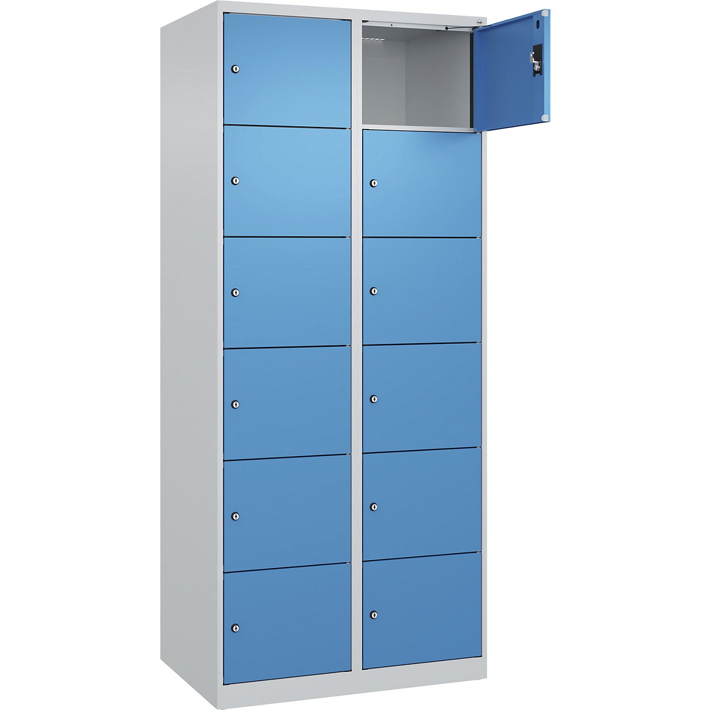 Evolo PLUS 6-fold compartment locker, 2 compartments, light grey / light blue, W 800 mm, 12 compartments, with floor glides, cylinder lock.