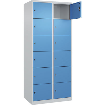 Evolo PLUS 6-fold compartment locker, 2 compartments, light grey / light blue, W 800 mm, 12 compartments, with floor glides, cylinder lock.