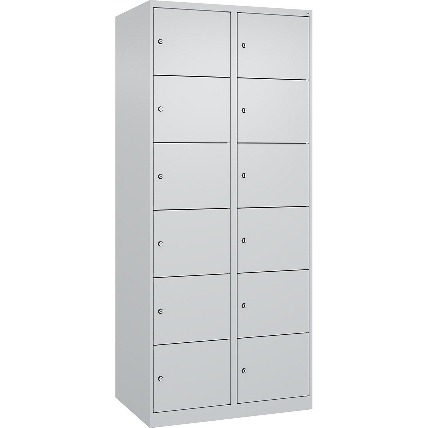 Evolo PLUS 6-fold compartment locker, 2 compartments, light grey, W 800 mm, 12 compartments, with floor glides, cylinder lock.
