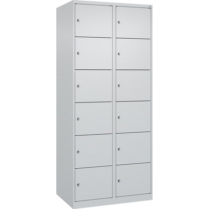 Evolo PLUS 6-fold compartment locker, 2 compartments, light grey, W 800 mm, 12 compartments, with floor glides, cylinder lock.
