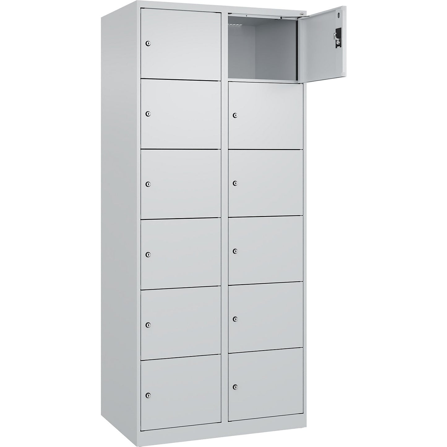 Evolo PLUS 6-fold compartment locker, 2 compartments, light grey, W 800 mm, 12 compartments, with floor glides, cylinder lock.