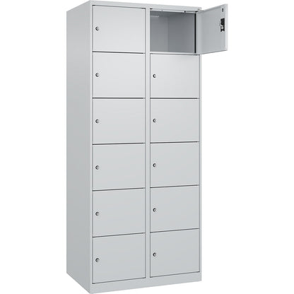 Evolo PLUS 6-fold compartment locker, 2 compartments, light grey, W 800 mm, 12 compartments, with floor glides, cylinder lock.