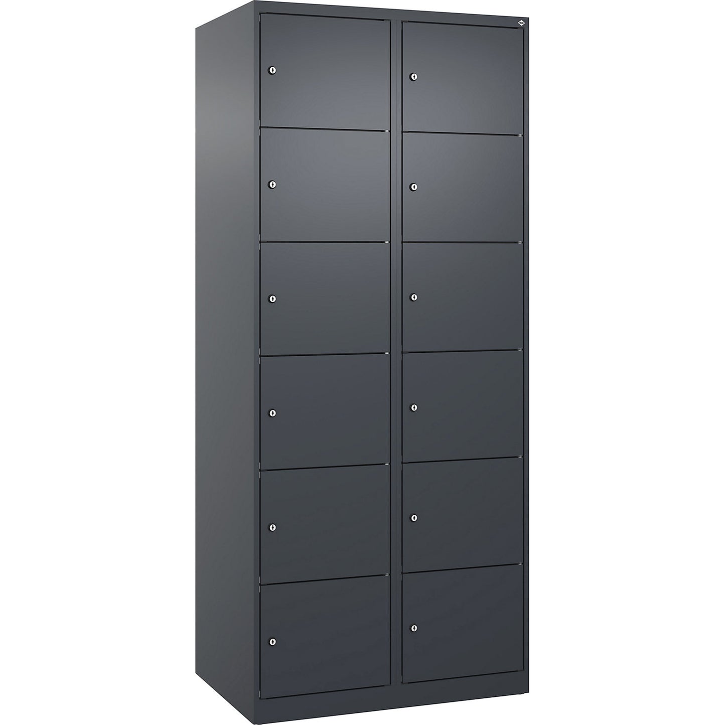 Evolo PLUS 6-fold compartment locker, 2 compartments, grey, W 800 mm, 12 compartments, with floor glides, cylinder lock.