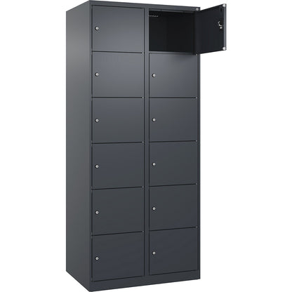 Evolo PLUS 6-fold compartment locker, 2 compartments, grey, W 800 mm, 12 compartments, with floor glides, cylinder lock.