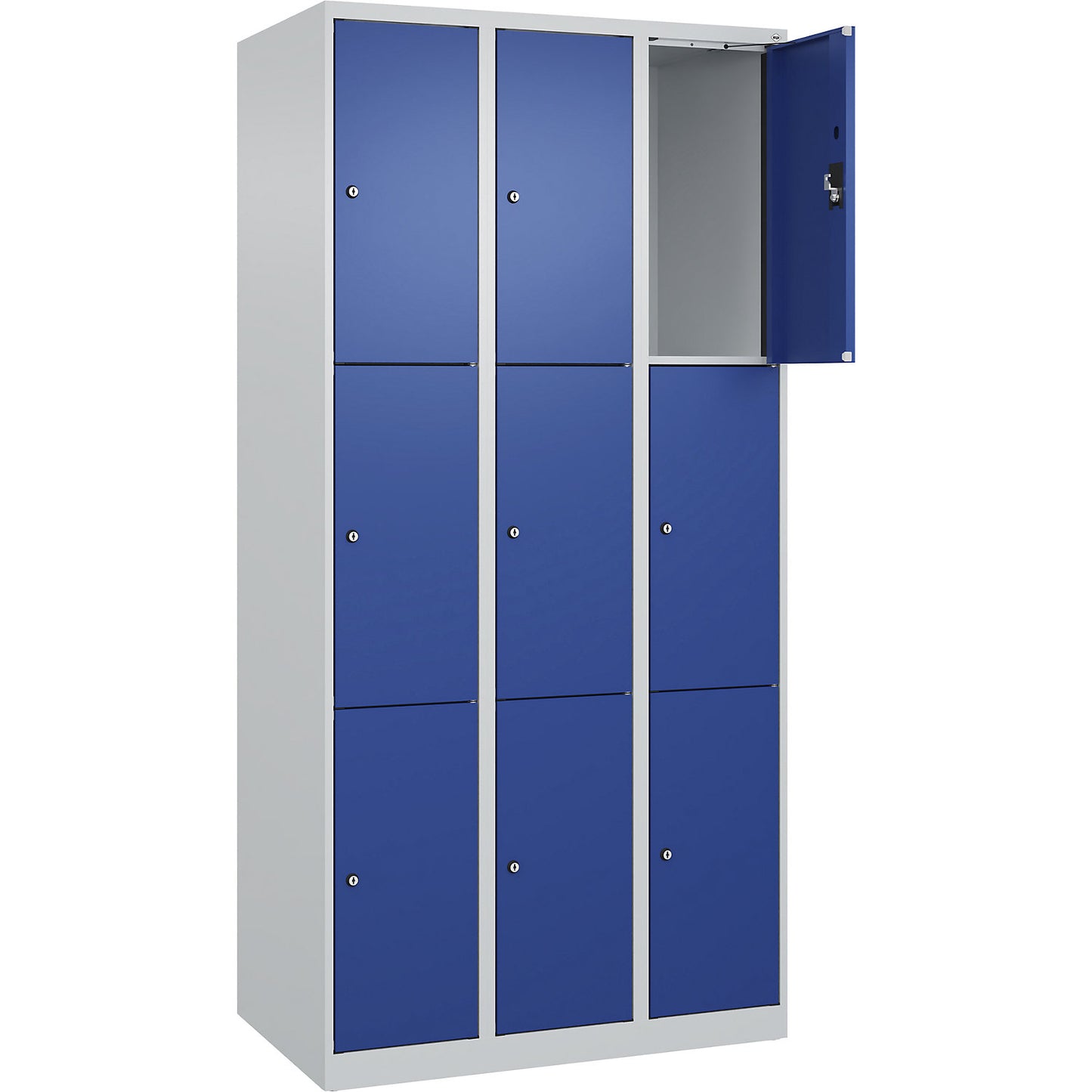 Evolo PLUS 3-fold compartment locker, 3 compartments, light grey / gentian blue, W 900 mm, 9 compartments, with floor glides, cylinder lock.