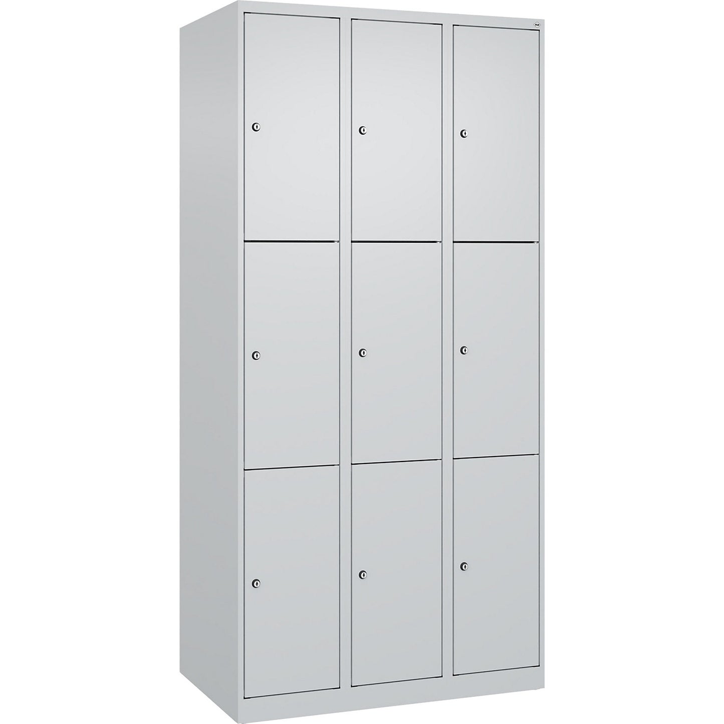 Evolo PLUS 3-fold compartment locker, 3 compartments, light grey, W 900 mm, 9 compartments, with floor glides, cylinder lock.