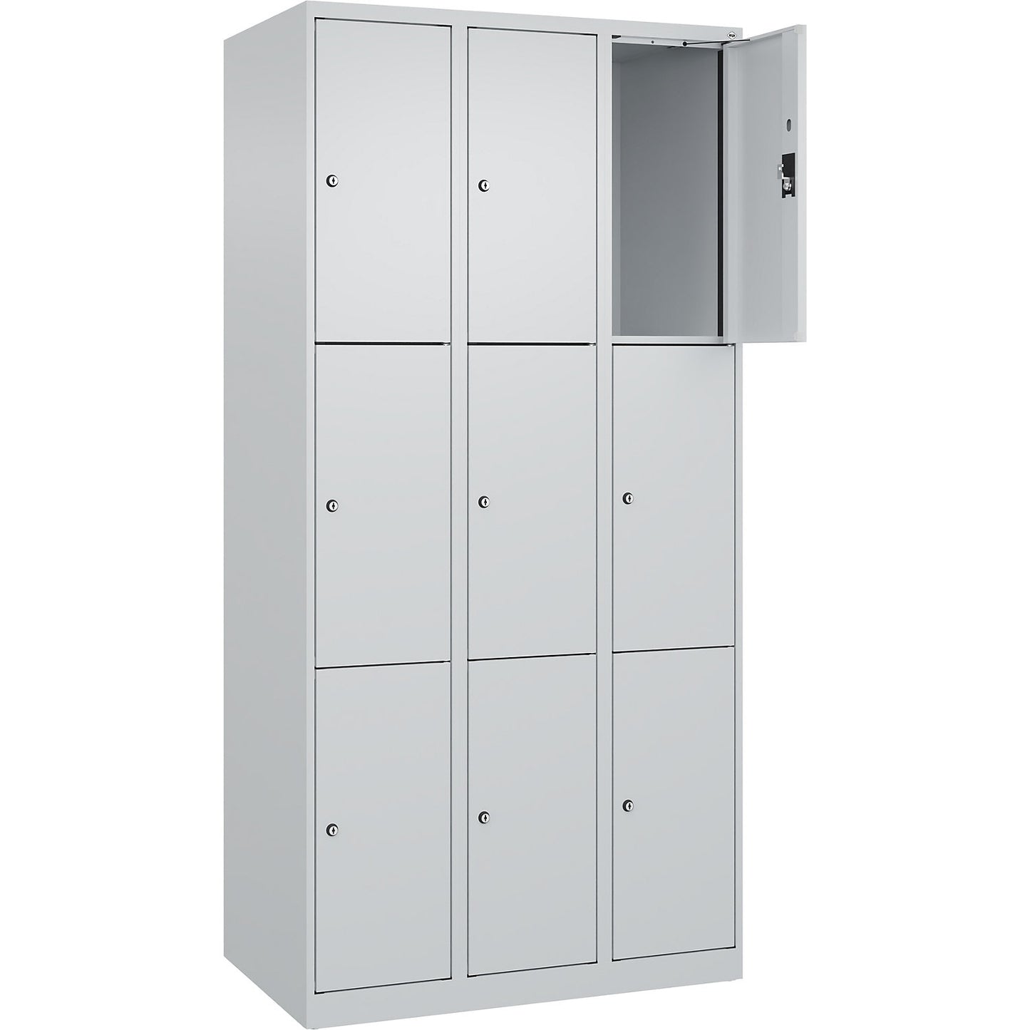 Evolo PLUS 3-fold compartment locker, 3 compartments, light grey, W 900 mm, 9 compartments, with floor glides, cylinder lock.